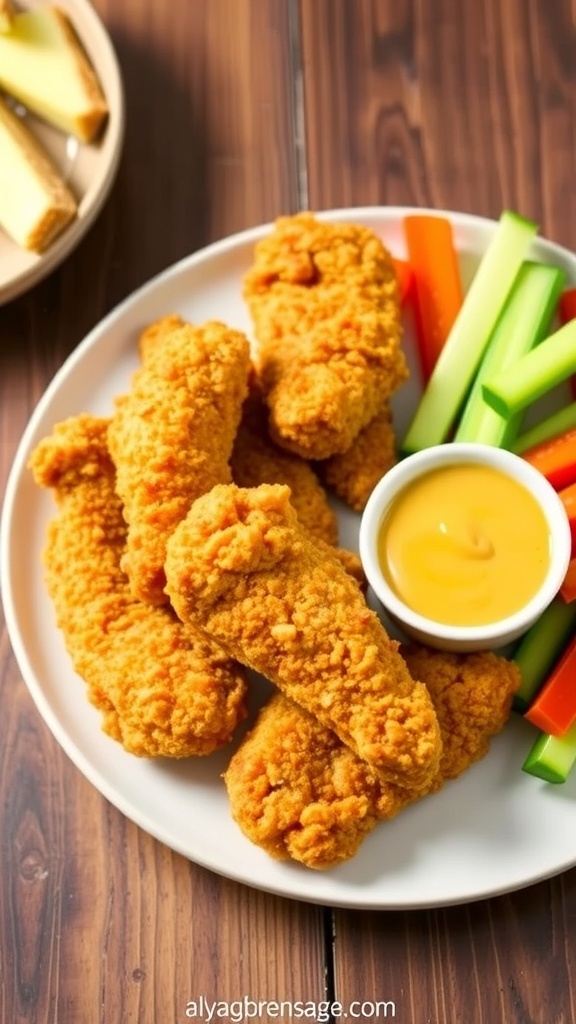 Crispy Air Fryer Chicken Tenders Recipe Crispy air fryer chicken tenders on a plate with dipping sauce and vegetable sticks.